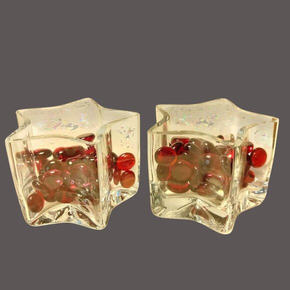 Star Shape Glass Votive Candle holder Red Marbles Tealight  Lot 2 - Picture 3 of 14